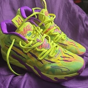 Puma Big Kids Melo Neon Yellow and Purple Graphic Basketball Sneakers